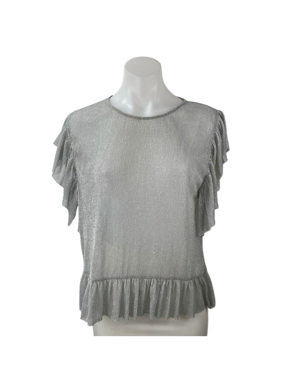 Zara Women's Gray Silver Metallic Sparkle Ruffle Flutter Sleeve Blouse Top Sz M